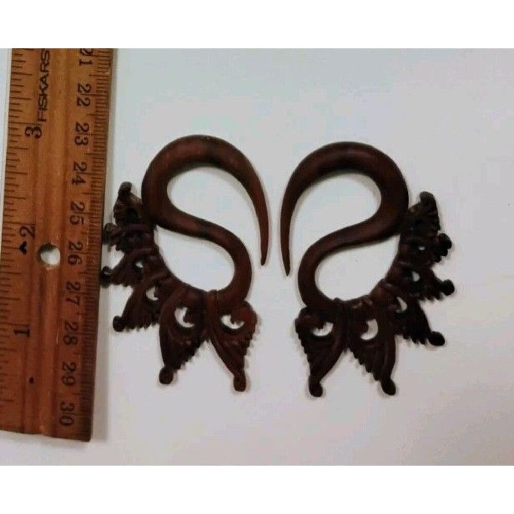 Carved  Wood Tribal Crown Scroll Ear Hangers Tapers Gauges Pair
